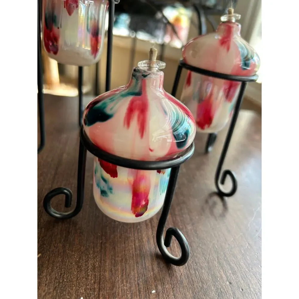 3 Vintage hand-blown glass oil lamps w/ black metal stands